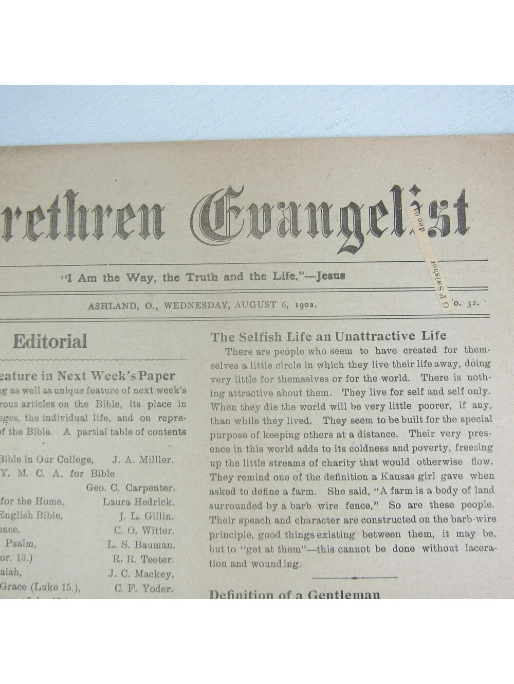 Brethren Evangelist Christian Newspaper Ashland Ohio Antique August 6, 1902 RARE